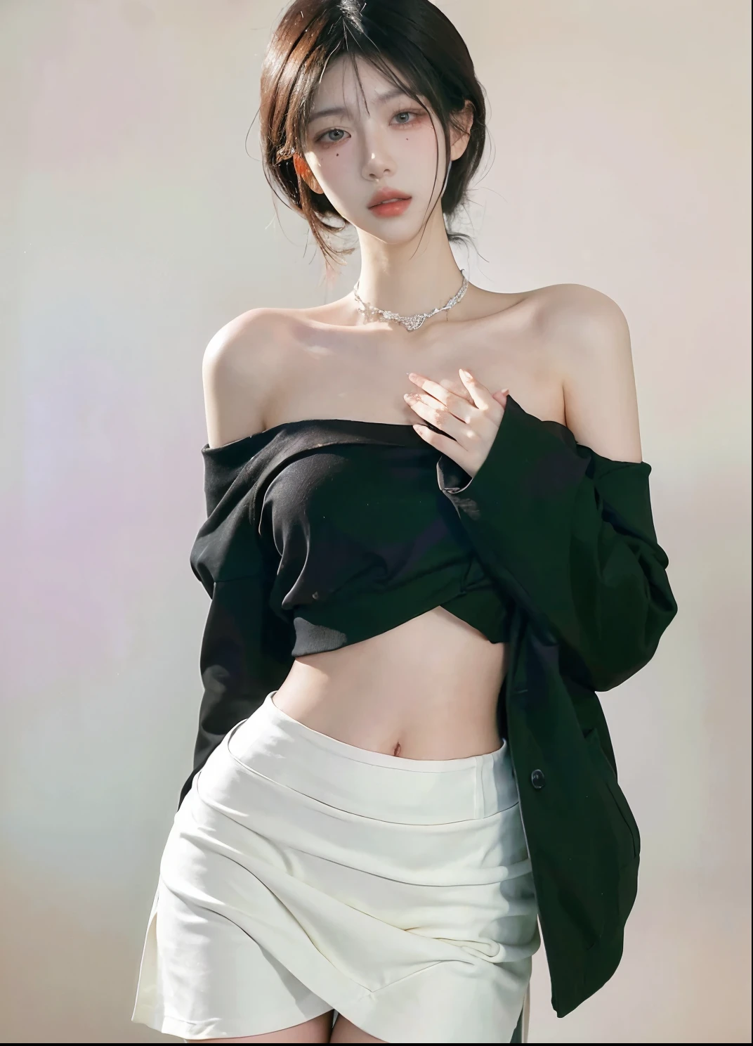 Beautiful woman with perfect figure:1.4，Ultra-high resolution，White background，（Realism:1.4)，Layered hairstyle，White skin，JK:1.5，Super short pleated skirt，whole body：1.4，Very delicate and skin texture，Double eyelids，Skin Whitening，short hair，White hair
