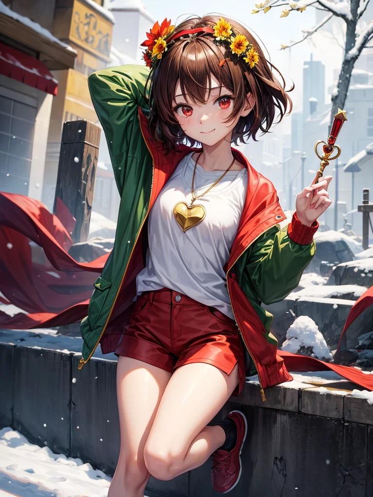 Anime, 1girl, brown hair, short hair, red eyes, green jacket, white shirt, brown shorts, red shoes, black tights, red knife, yellow flower crown, golden heart locket, slight smile, snow, snowflakes,