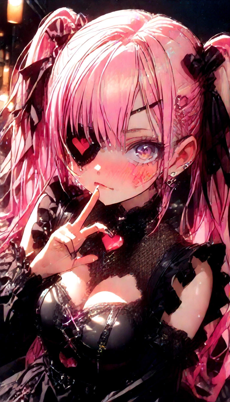 woman\((cute,Eye patch\(very cute, Gothic Fashion,cute mark\):1.3),,skin\(white,青whiteい,Smooth,Silky,Shiny\),eye\(beautiful,Many star-shaped highlights\),Putting on makeup\(pink\),(anger),(black mouth mask),hair\(pink,Twin tails,floating,Rolled up,detailed,Shiny\),hairclip\(heart\),Costumes\((frills:1.3) pink dress\),eye尻\(pink:1.3\),(narrow eye),very cute pose,(chest:1.3),開いたchestの谷間, cute hand sign,(Many accessories)\), break ,background\(Harajuku\(Tokyo,Japan\),At night,cute,Fancy,dark\), break ,quality\(8K,wallpaper of extremely detailed CG unit, masterpiece,High resolution,top-quality,top-quality real texture skin,Surreal,Increase the resolution,RAW Photos,最高quality,highly detailed,wallpaper,Cinema Lighting,Ray-tracing,Golden Ratio\),(Dynamic Angle),(Face close-up:1.8),Looking up at the viewer,From above,Better Hands