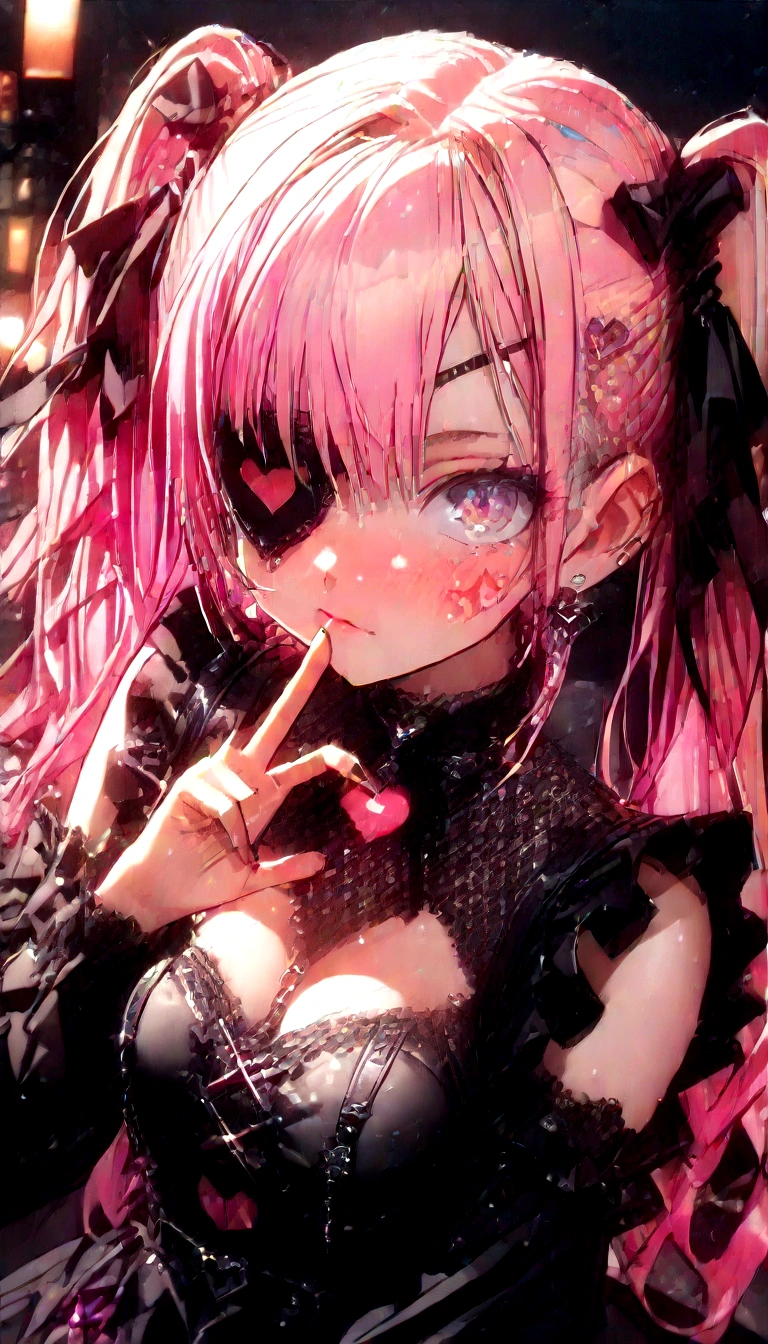 woman\((cute,Eye patch\(very cute, Gothic Fashion,cute mark\):1.3),,skin\(white,青whiteい,Smooth,Silky,Shiny\),eye\(beautiful,Many star-shaped highlights\),Putting on makeup\(pink\),(anger),(black mouth mask),hair\(pink,Twin tails,floating,Rolled up,detailed,Shiny\),hairclip\(heart\),Costumes\((frills:1.3) pink dress\),eye尻\(pink:1.3\),(narrow eye),very cute pose,(chest:1.3),開いたchestの谷間, cute hand sign,(Many accessories)\), break ,background\(Harajuku\(Tokyo,Japan\),At night,cute,Fancy,dark\), break ,quality\(8K,wallpaper of extremely detailed CG unit, masterpiece,High resolution,top-quality,top-quality real texture skin,Surreal,Increase the resolution,RAW Photos,最高quality,highly detailed,wallpaper,Cinema Lighting,Ray-tracing,Golden Ratio\),(Dynamic Angle),(Face close-up:1.8),Looking up at the viewer,From above,Better Hands