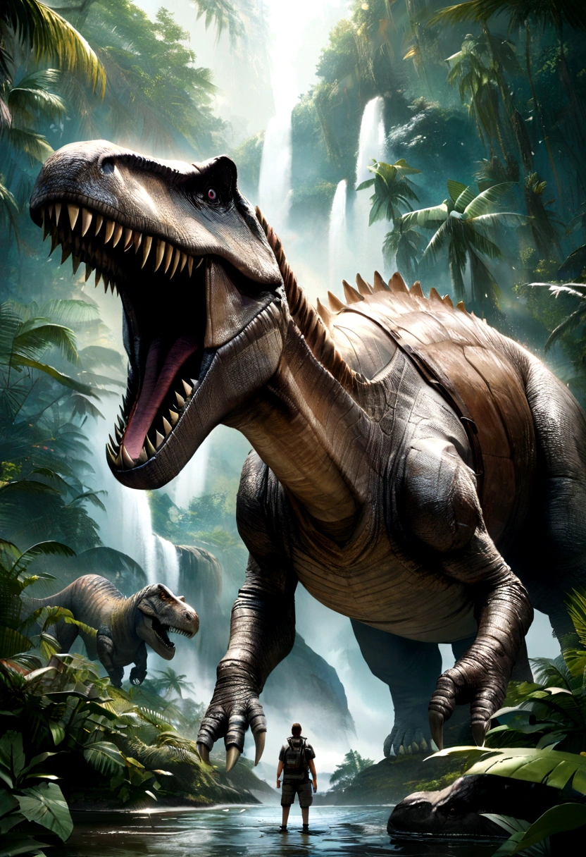 masterpiece、Realistic、High-quality 4K、Dinosaurs resist waves、jungle、Super Large Reality、Ancient、Tyrannosaurus Rex、Open your mouth wide、背景はjungle