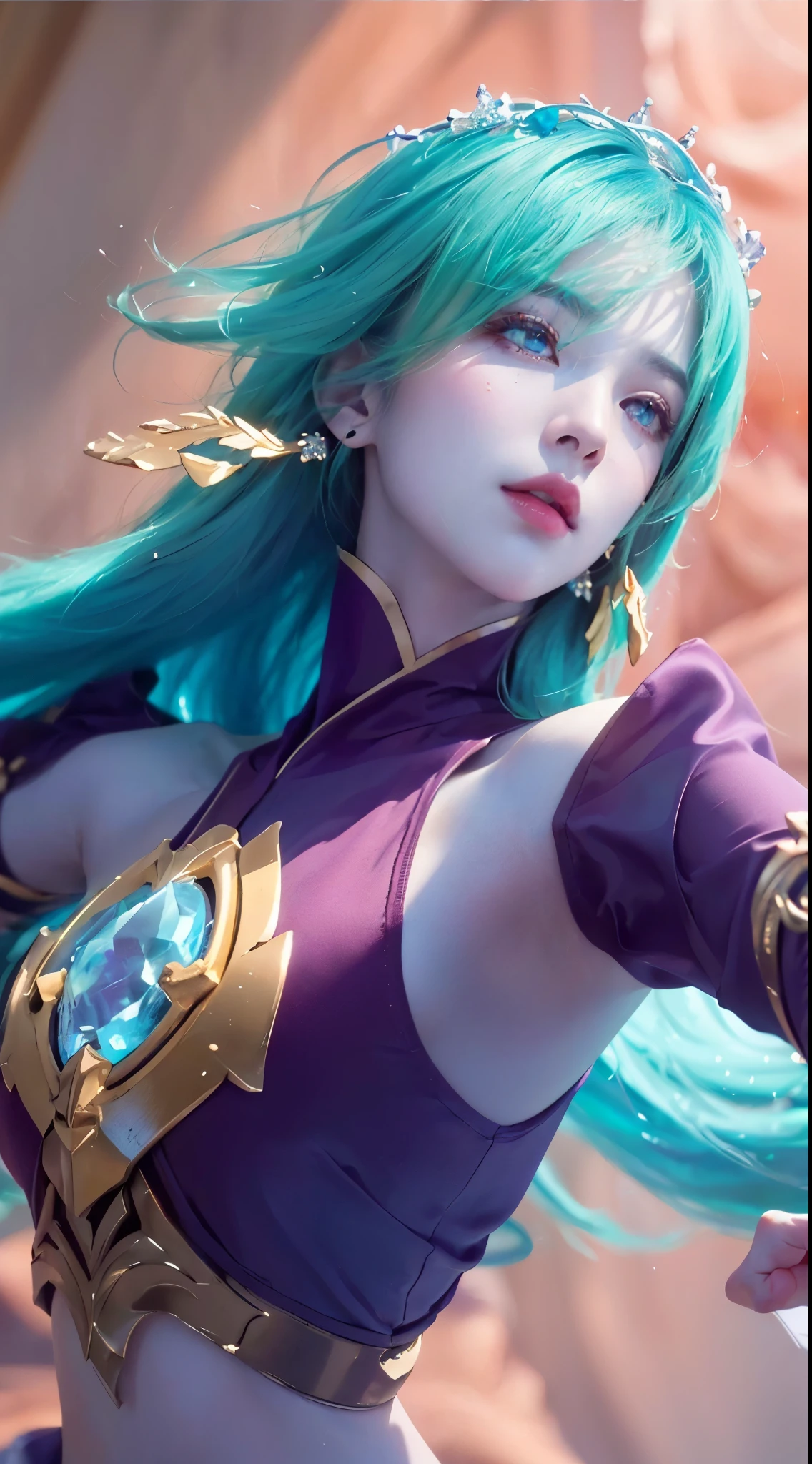 a close up portrait of a beautiful girl with long green hair, pale skin, purple outfit, (best quality,4k,8k,highres,masterpiece:1.2),ultra-detailed,realistic,photorealistic,photo-realistic:1.37,HDR,UHD,studio lighting,ultra-fine painting,sharp focus,physically-based rendering,extreme detail description,professional,vivid colors,bokeh,knights of zodiac,beautiful detailed eyes,beautiful detailed lips,extremely detailed eyes and face,longeyelashes,elegant,serene,intricate,fine art