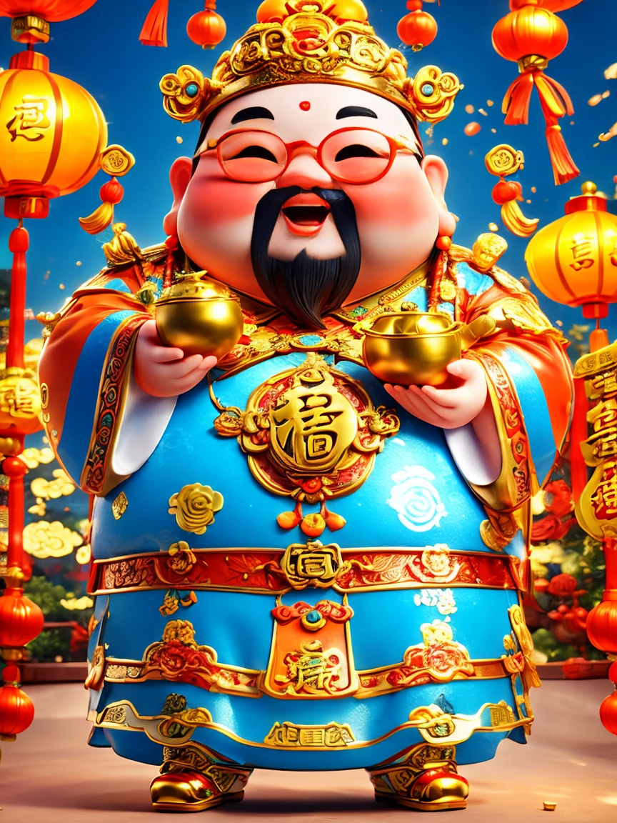 A big one, The fat and cute Chinese God of Wealth，Hands holding a bag with artificial intelligence and internet of things elements，Pixar style，(Dress up in stylish Lunar New Year outfits)，orange color，White and blue gallery，Kawaii style，Intense lighting effects，iPhone Photos、Extremely detailed、3d rendering、HD，whole body，(Vision 1.5）, (UHD, masterpiece, precise, Anatomically correct, Super Detail, high quality, best quality, 8K)