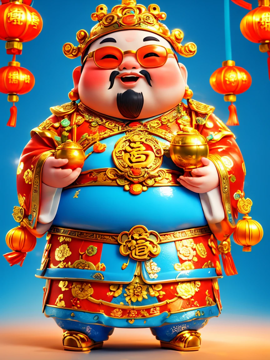 A big one, The fat and cute Chinese God of Wealth，Hands holding a bag with artificial intelligence and internet of things elements，Pixar style，(Dress up in stylish Lunar New Year outfits)，orange color，White and blue gallery，Kawaii style，Intense lighting effects，iPhone Photos、Extremely detailed、3d rendering、HD，whole body，(Vision 1.5）, (UHD, masterpiece, precise, Anatomically correct, Super Detail, high quality, best quality, 8K)