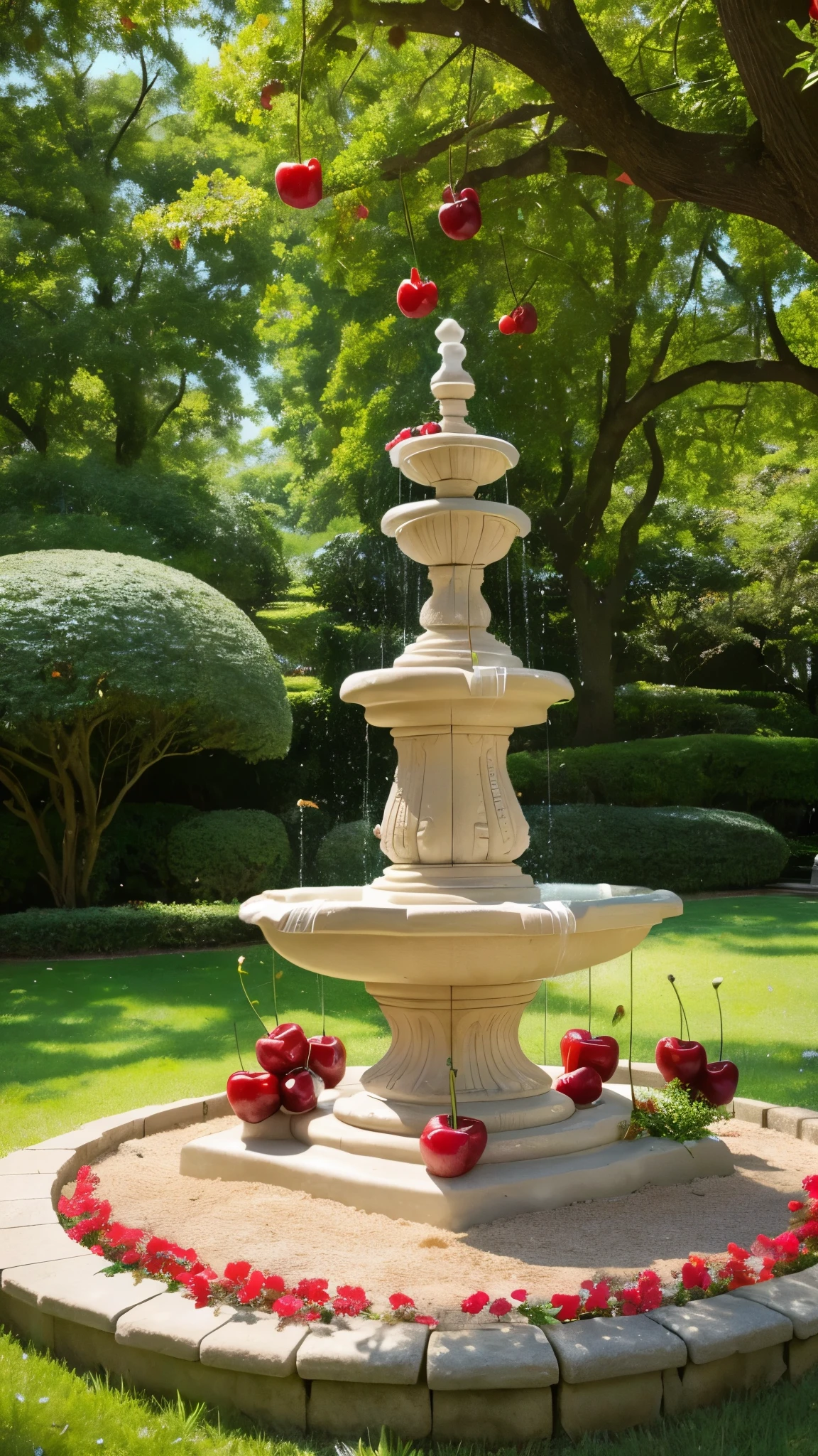 An anthill like a white chocolate fountain、Cherries spinning around, And the front, There are statues of fairies on either side