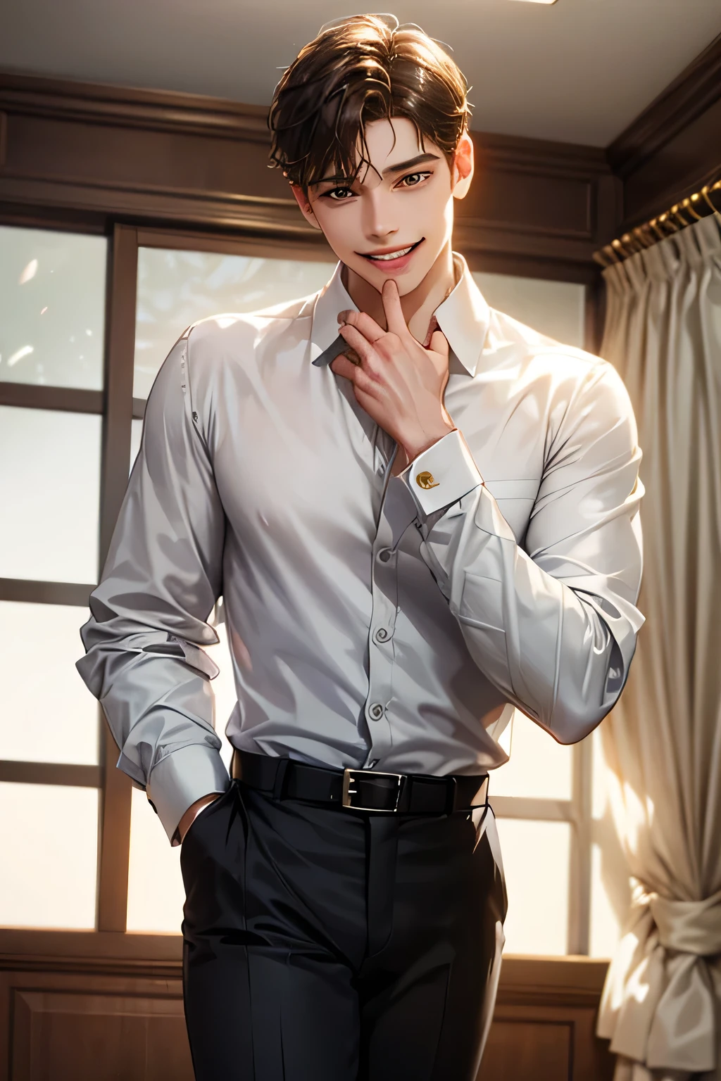 1boy, male_focus, solo, smile, realistic, own_hands_together, shirt, looking_at_viewer, long_sleeves, sweater, mole, collared_shirt, pants, teeth, white_shirt, brown_hair, mole_under_eye, short_hair, indoors, standing, black_hair