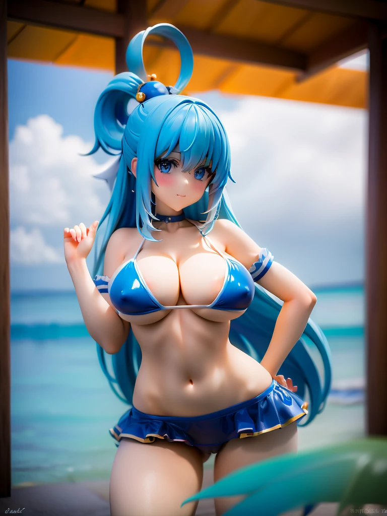 (masterpiece, Best quality: 1.2), One, 1 girl, Konosuba ,Water, cheerful face, smiling, looks at the viewer, Hands on hips, Hair rings, blue bikinis, thong, wet clothes, chest cutout, transparent clothes, Torn clothes, swimsuit untied, swimsuit falls, bare legs, bare hands, You can see the navel, (huge breasts:1.2), mid thighs, beach, Sea