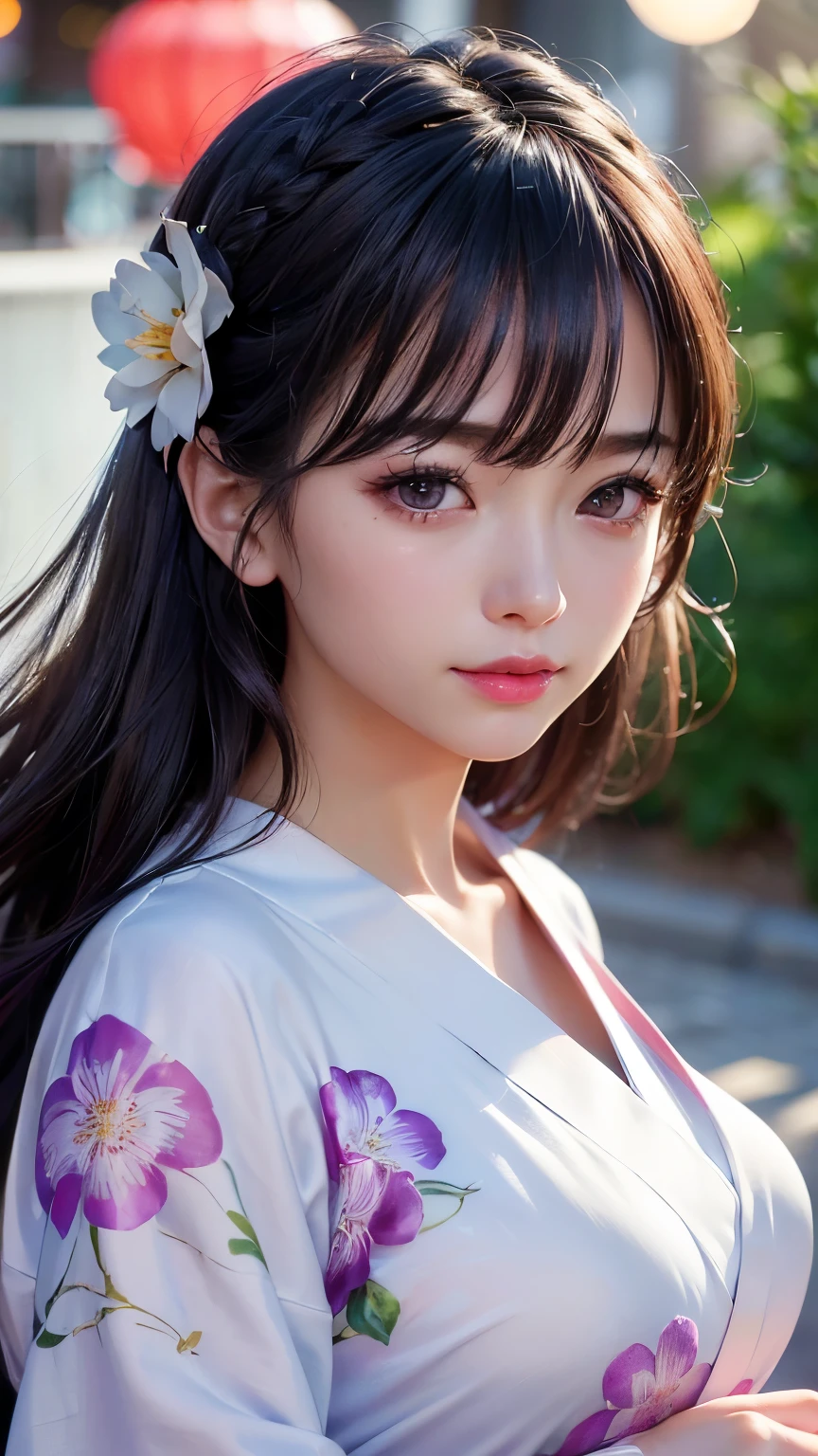 (logo、masterpiece、8K、Tabletop、RAW Photos、wonderful、最high quality、フォトリアリスティックでVery detailedな CG 複合 8K 壁紙、high quality、Very detailed、Narrative poem、Particle Effects、Dynamic Effects、Depth of the Boundary、Cinematic Light、Lens flare、Ray Tracing）、 (One beautiful woman wearing a yukata、White yukata、Light purple pattern)、Black-haired、High definition skin、Very fine、Fine skin texture、Beautiful Face、True Face、Beautiful details in the eyes、Realistic eyes、Beautifully detailed eyes、Realistic Skin、Beautiful Skin、Surreal、Smiling Eyes、Hair and light eyes、vivid、Colorful lights and bokeh、plump lower lip、Pink Lips、Hair flutters in Wind、Hair bounces、wonderful景色、night、evening、Wind、moonlight、moonlight、light