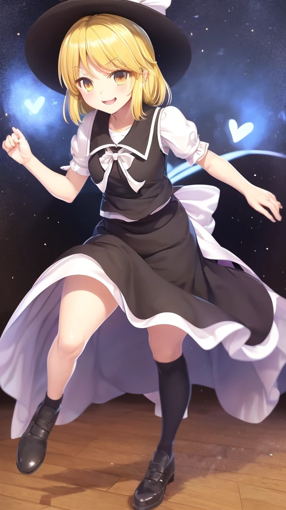 1girl, , , masterpiece, best quality, 10 years old, medium blonde hair, forehead visible bags, yellow eyes, hat, heart, black headwear, puffy short sleeves, log black skirt, heart hads,,1girl, solo, yellow eyes, yellow hair, bow, hat bow, socks, black footwear, black skirt, short sleeves, yuki (touhou), black vest, white sleeves, frill skirt, light smile