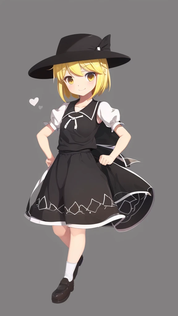 1girl, , , masterpiece, best quality, 10 years old, medium blonde hair, forehead visible bags, yellow eyes, hat, heart, black headwear, puffy short sleeves, log black skirt, heart hads,,1girl, solo, yellow eyes, yellow hair, bow, hat bow, socks, black footwear, black skirt, short sleeves, yuki (touhou), black vest, white sleeves, frill skirt, light smile