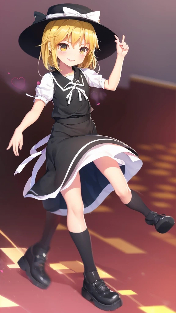 1girl, , , masterpiece, best quality, 10 years old, medium blonde hair, forehead visible bags, yellow eyes, hat, heart, black headwear, puffy short sleeves, log black skirt, heart hads,,1girl, solo, yellow eyes, yellow hair, bow, hat bow, socks, black footwear, black skirt, short sleeves, yuki (touhou), black vest, white sleeves, frill skirt, light smile