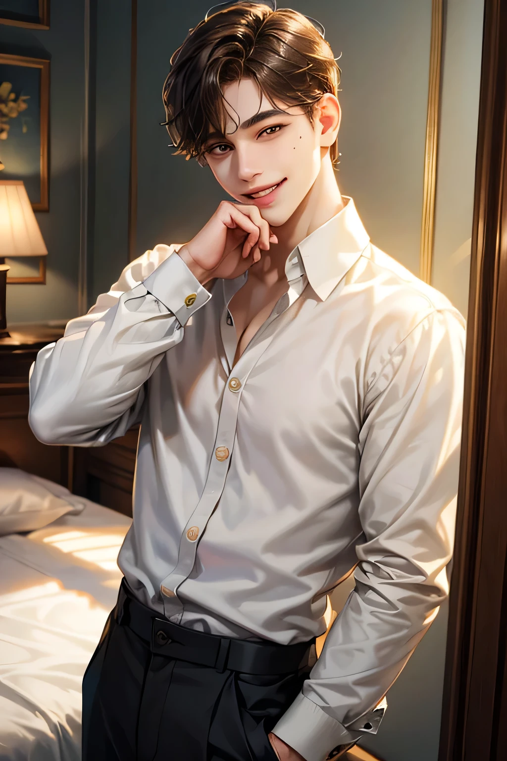 1boy, male_focus, solo, smile, realistic, own_hands_together, shirt, looking_at_viewer, long_sleeves, sweater, mole, collared_shirt, pants, teeth, white_shirt, brown_hair, mole_under_eye, short_hair, indoors, standing, black_hair