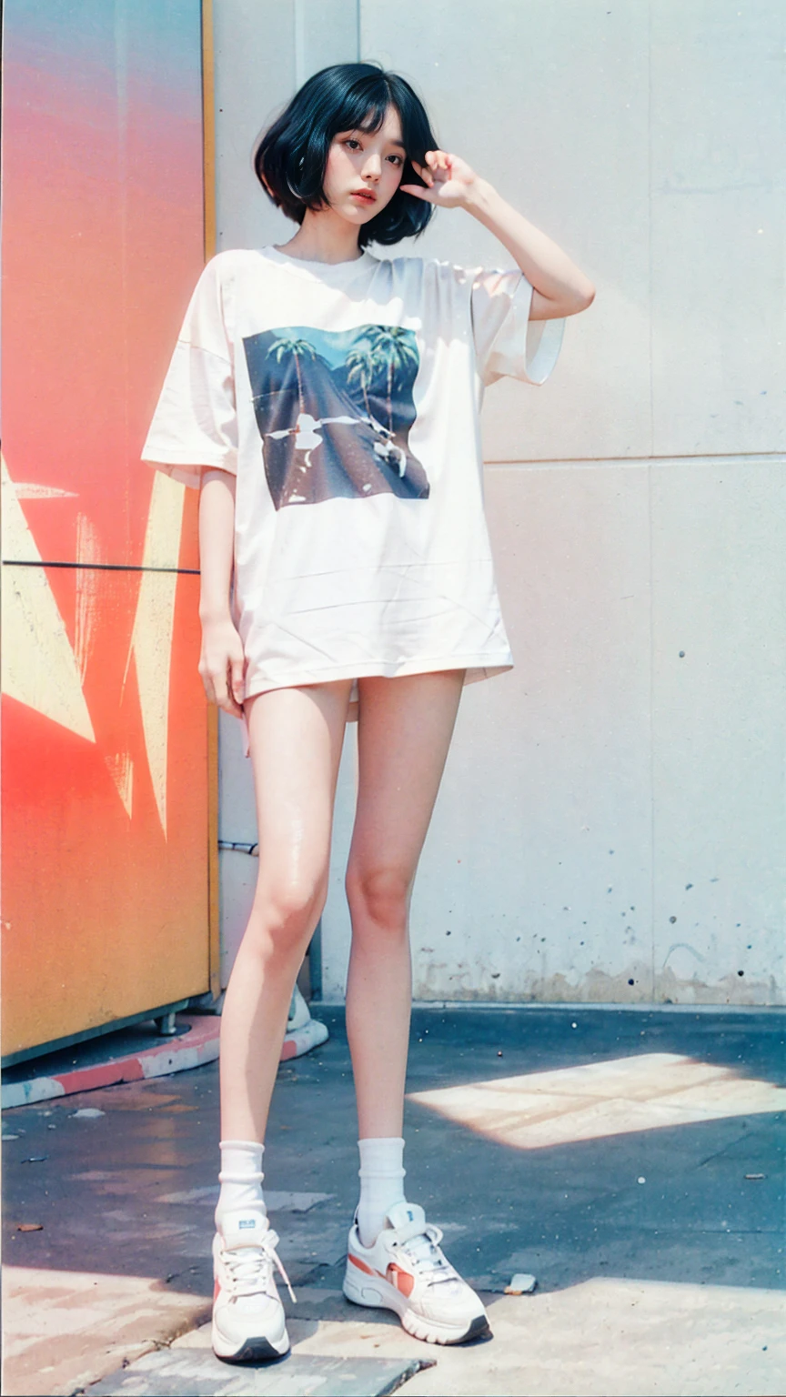 ((medium 8k photography)) ((best 8k quality)) ((masterpiece)), (ultra detailed face), (perfect beautiful face),(perfect nose),(perfect eyes),(perfect lips) ,(perfect hair) 25 yo cute korean, (perfect face), 35mm film,((black bob hairstyles)) (((blank white oversize untucked ttshirt))), (peach color tennis skirt) ,white shock, white Reebok sneakers, polaroid film, retro,90's,80's, photo noise, old photo, retro, masterpiece, raw photo, 8k film photo, old, noisy photo, loooking of the camera, casual photo, grain photo, VHS footage, VHS look, chromatic aberration( low chromatic aberration), film footage, grainy photo, dirty photo, posing, retro photo, vintage photo, old, background standing pose on ((80's architecture colorful motel)) ,palm trees, blue sky, summer, los angles vibes