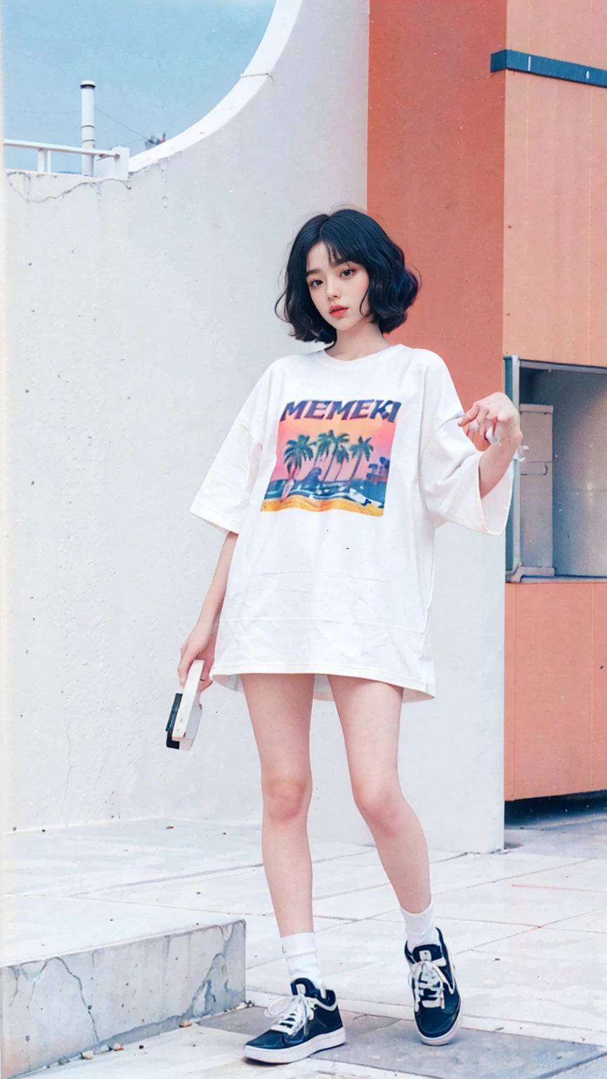 ((medium 8k photography)) ((best 8k quality)) ((masterpiece)), (ultra detailed face), (perfect beautiful face),(perfect nose),(perfect eyes),(perfect lips) ,(perfect hair) 25 yo cute korean, (perfect face), 35mm film,((black bob hairstyles)) (((blank white oversize untucked ttshirt))), (peach color tennis skirt) ,white shock, white Reebok sneakers, polaroid film, retro,90's,80's, photo noise, old photo, retro, masterpiece, raw photo, 8k film photo, old, noisy photo, loooking of the camera, casual photo, grain photo, VHS footage, VHS look, chromatic aberration( low chromatic aberration), film footage, grainy photo, dirty photo, posing, retro photo, vintage photo, old, background standing pose on ((80's architecture colorful motel)) ,palm trees, blue sky, summer, los angles vibes