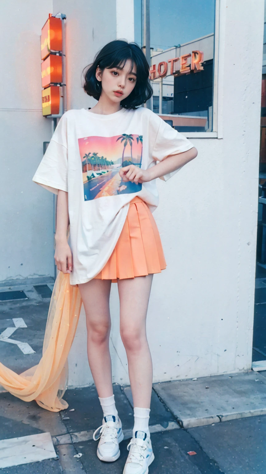 ((medium 8k photography)) ((best 8k quality)) ((masterpiece)), (ultra detailed face), (perfect beautiful face),(perfect nose),(perfect eyes),(perfect lips) ,(perfect hair) 25 yo cute korean, (perfect face), 35mm film,((black bob hairstyles)) (((blank white oversize untucked ttshirt))), (peach color tennis skirt) ,white shock, white Reebok sneakers, polaroid film, retro,90's,80's, photo noise, old photo, retro, masterpiece, raw photo, 8k film photo, old, noisy photo, loooking of the camera, casual photo, grain photo, VHS footage, VHS look, chromatic aberration( low chromatic aberration), film footage, grainy photo, dirty photo, posing, retro photo, vintage photo, old, background standing pose on ((80's architecture colorful motel)) ,palm trees, blue sky, summer, los angles vibes