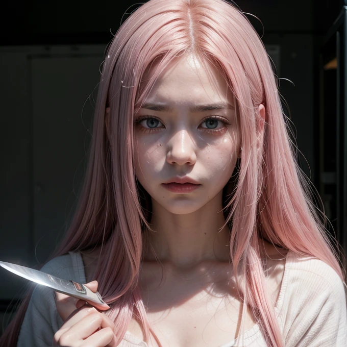 Woman, long pink hair, sad face,holding a knife, blood on her clothes