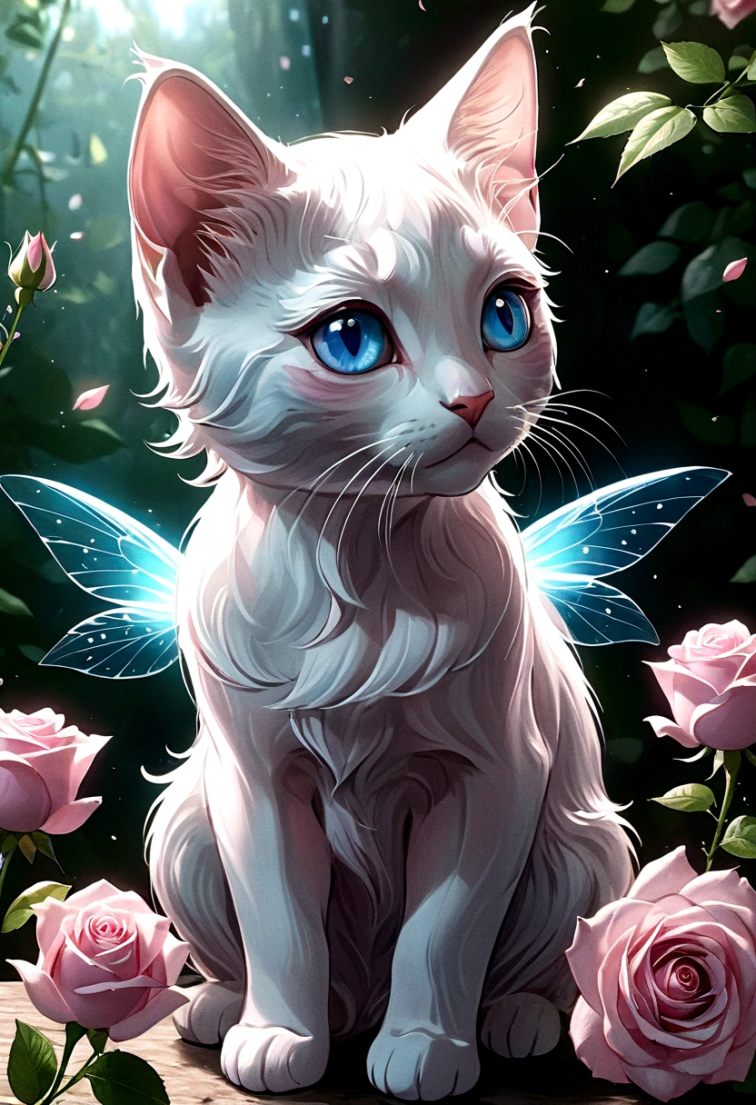 solo, looking at audience, blue eyes, flower, elf transparent wings, head tilt, no humans, little rose, animal, kitten, pink flower, realistic, animal focus, pink rose, whiskers