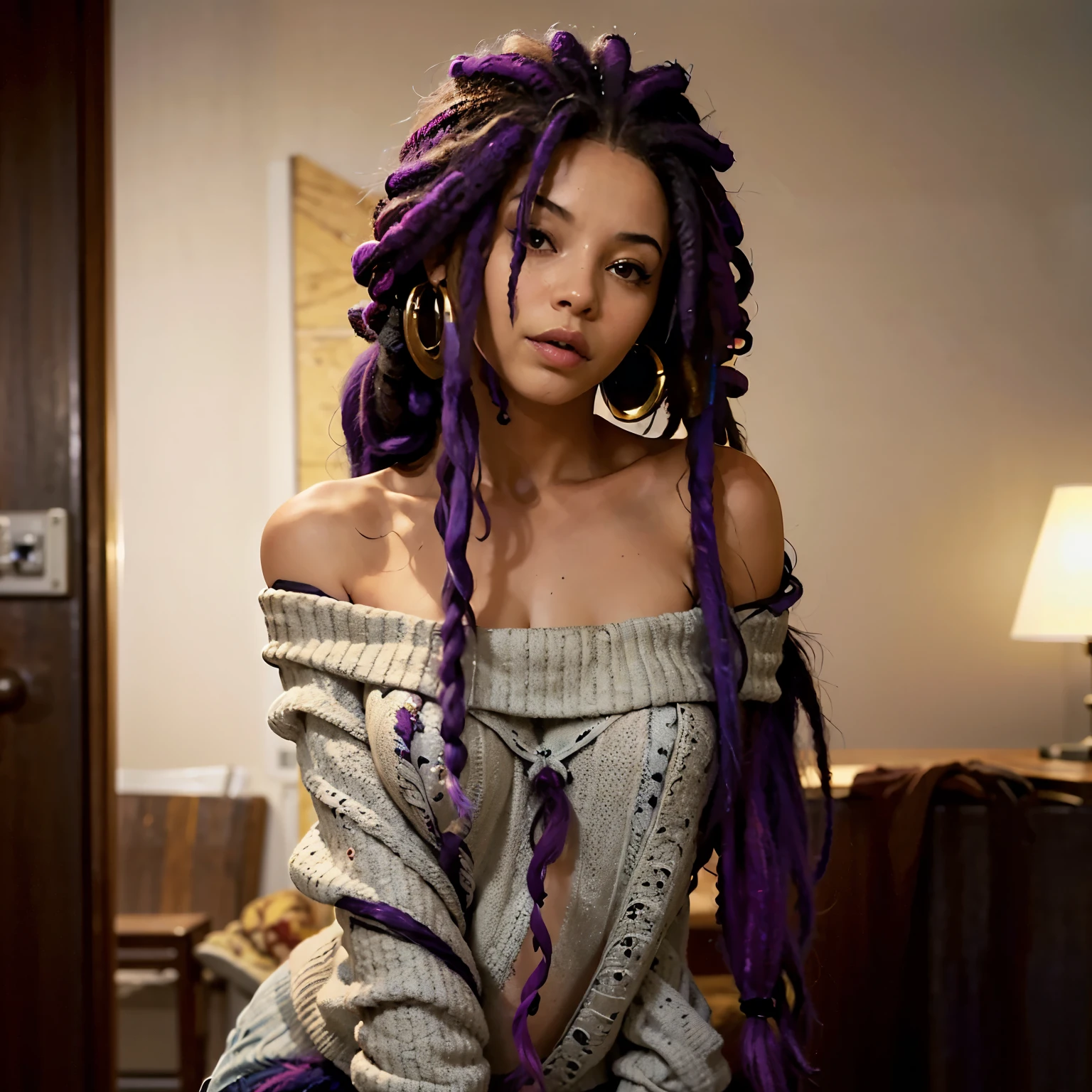 Realistic medium long shot photo, sexy 1girl, off-shoulder sweater, long messy untamed wild black and purple rasta dreadlocks.