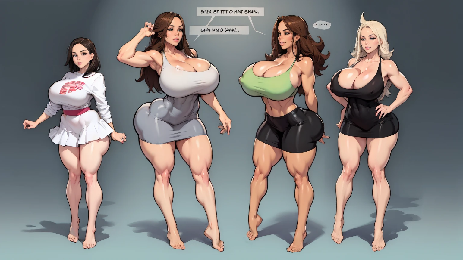 ((character concept art)), ((character design sheet, same character)),(full body view), young adult girl, Tall stature, little chest, closed mouth, brasilian appearance: brown eyes; brown hair; sharp facial features; dimple on the chin; Straight nose; high nose; pronounced high cheekbones; high forehead, stands upright, oiled skin, plump physique, (gigantic breasts:1.2), wide hips, brasilian butt, huge legs, big tighs, detailed face, wear short sundress.