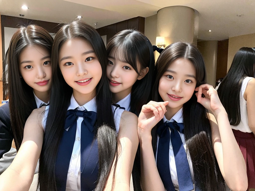 (A super cute Korean gal high school girl takes a photo with two close friends from her class..2)(LOL,Laughing out loud:1.2)(Beautiful Sweat:1.1)(16K, RAW Photos, Highest quality, masterpiece: 1.2),(Mr.々Beautiful black hair with a simple hairstyle:1.2) Super detailed, Super Resolution, (Genuine, Genuine photos: 1.37), Portraiture, High-resolution RAW color photos, Professional photos, Very detailed, 8k wallpaper, Very detailed CG Unity 8k wallpaper, Very detailed beautiful girls, Very detailed faces, ((whole body)), beautiful woman, Huge breasts,(huge boobs:1.1) (Big Boobs:1.1), Beauty college student (A tight, girly, navy sleeveless school uniform with ribbon.),high school girl, Korean Girls,(K-POP Female Idols), (Idol-class beauty)(Beautiful high school girl:1.1)(On a luxury hotel bed)(18-year-old)(Stylish school uniform-style outfit:1.1)(Group photo:1.2)