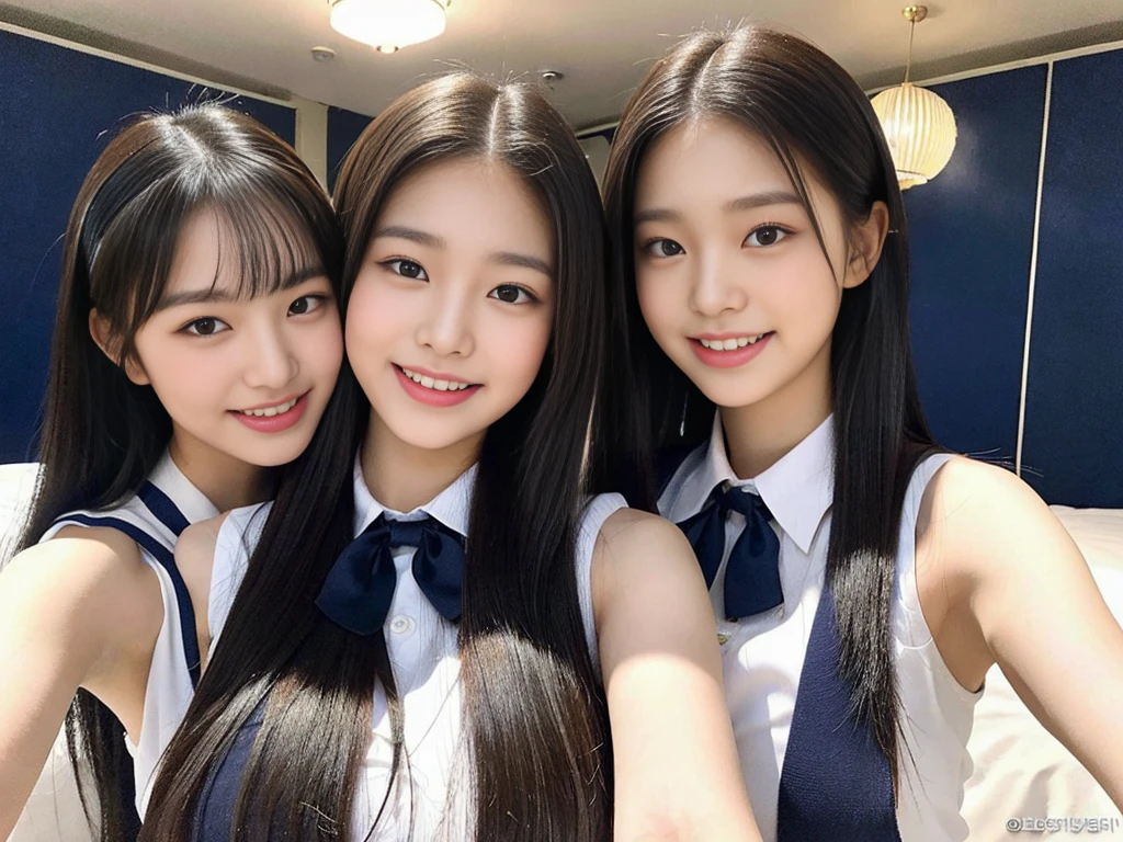 (A super cute Korean gal high school girl takes a photo with two close friends from her class..2)(LOL,Laughing out loud:1.2)(Beautiful Sweat:1.1)(16K, RAW Photos, Highest quality, masterpiece: 1.2),(Mr.々Beautiful black hair with a simple hairstyle:1.2) Super detailed, Super Resolution, (Genuine, Genuine photos: 1.37), Portraiture, High-resolution RAW color photos, Professional photos, Very detailed, 8k wallpaper, Very detailed CG Unity 8k wallpaper, Very detailed beautiful girls, Very detailed faces, ((whole body)), beautiful woman, Huge breasts,(huge boobs:1.1) (Big Boobs:1.1), Beauty college student (A tight, girly, navy sleeveless school uniform with ribbon.),high school girl, Korean Girls,(K-POP Female Idols), (Idol-class beauty)(Beautiful high school girl:1.1)(On a luxury hotel bed)(18-year-old)(Stylish school uniform-style outfit:1.1)(Group photo:1.2)