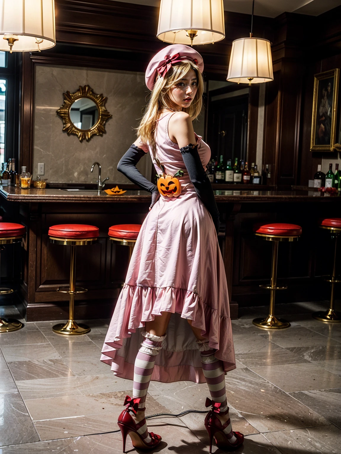 (1 lady), The beautiful, (Best quality at best:1.4), (ultra - detailed), (extremely detailed CG unified 16k), gold blonde hair, very detailed, High-definition RAW color photo, professional photoshooting, amazing face and eyes, cosmetics, (amazingly beautiful girl), ((lambdadelta)), ((dress, shoes bow, red shoes, striped stockings, red bow, pink hat, necklace, gloves, pearl, pumpkin brooch, pink dress)), standing, sexyposture,(Dark and stylish bar, drinks, lamp lights, lamp lights:1.3), (look from down), realistic cinematic face, head to feet long wide zoomed out view, full body long view, photorealistic, ((realistic natural blonde hair style, honey eyes)), gorgeous, extremely beautiful face, perfect model beauty, pout mouth, smile, cleavages, city girl, western, shopping in the city, (masterpiece), best quality, high resolution, extremely detailed, blurred background, depth of field, cinematic lighting, amazing legs, high heels, clear and well-cared skin, , nice ,