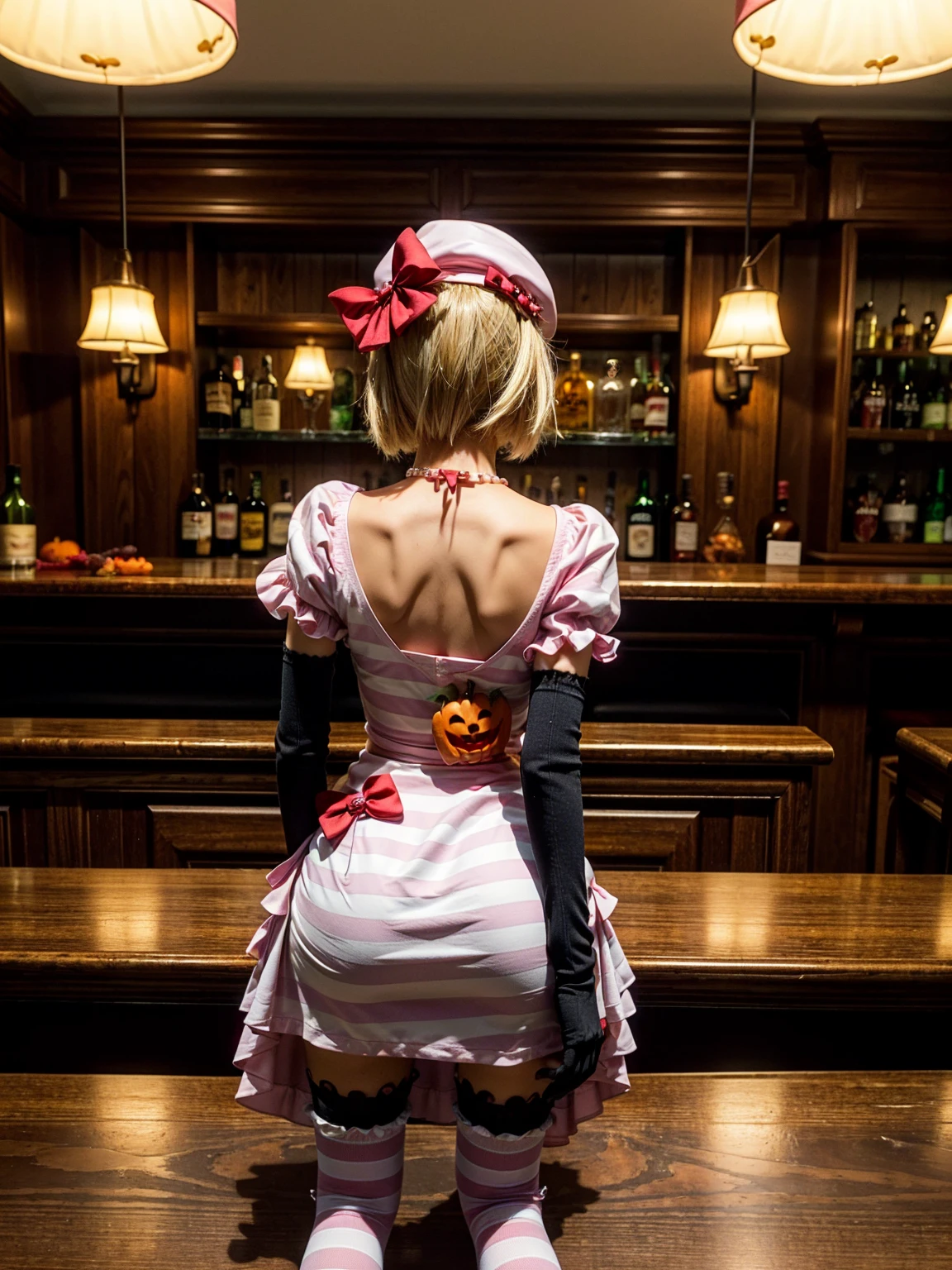 (1 lady), The beautiful, (Best quality at best:1.4), (ultra - detailed), (extremely detailed CG unified 16k), gold blonde hair, very detailed, High-definition RAW color photo, professional photoshooting, amazing face and eyes, cosmetics, (amazingly beautiful girl), ((lambdadelta)), ((dress, shoes bow, red shoes, striped stockings, red bow, pink hat, necklace, gloves, pearl, pumpkin brooch, pink dress)), standing, sexyposture,(Dark and stylish bar, drinks, lamp lights, lamp lights:1.3), (look from down), realistic cinematic face, head to feet long wide zoomed out view, full body long view, photorealistic, ((realistic natural blonde hair style, honey eyes)), gorgeous, extremely beautiful face, perfect model beauty, pout mouth, flirting smile, cleavages, city girl, western, shopping in the city, (masterpiece), best quality, high resolution, extremely detailed, blurred background, depth of field, cinematic lighting, amazing legs, high heels, clear and well-cared skin, from behind, nice ass,