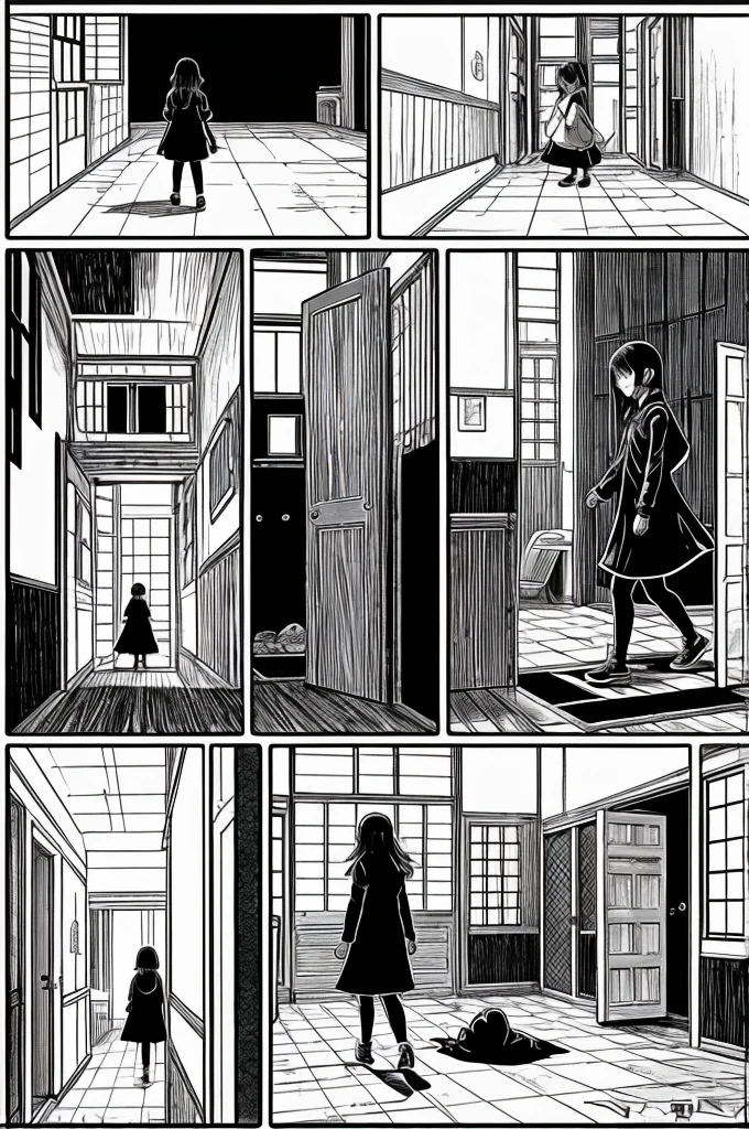 Comic storyboard:1.8, comic strip, text in Spanish,draw the story of a girl who is in a very quiet room, who out of nowhere hears a noise and goes out to investigate, but behind her appears a person just like her but with a slightly gloomy appearance., the girl notices the presence and gets scared, runs away, the girl trips over something slimy black, that thing absorbs it and its clone takes its place. draw the cover of this story, japanese anime manga, hiperHD, 24K UHD, anime looks.