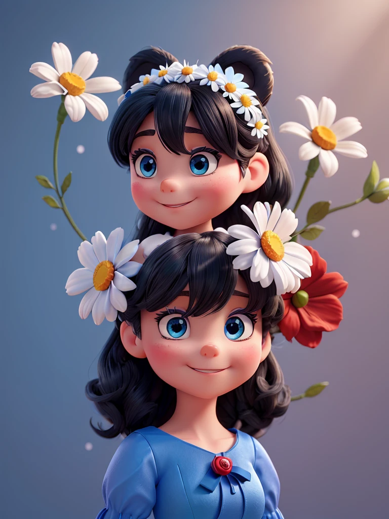 Draw Snow White in cartoon style with big blue eyes, short, wavy black hair with shine, wearing a blue dress with red details on the sleeves, a high white collar and a red bow in her hair. She must have a friendly expression, with rosy cheeks, a slight smile and small, round golden earrings. Ao redor dela, include an arrangement of colorful flowers (white daisies, roses and blue flowers) forming Mickey Mouse ears. O fundo deve ser branco, with soft, even lighting to highlight the character and floral elements."