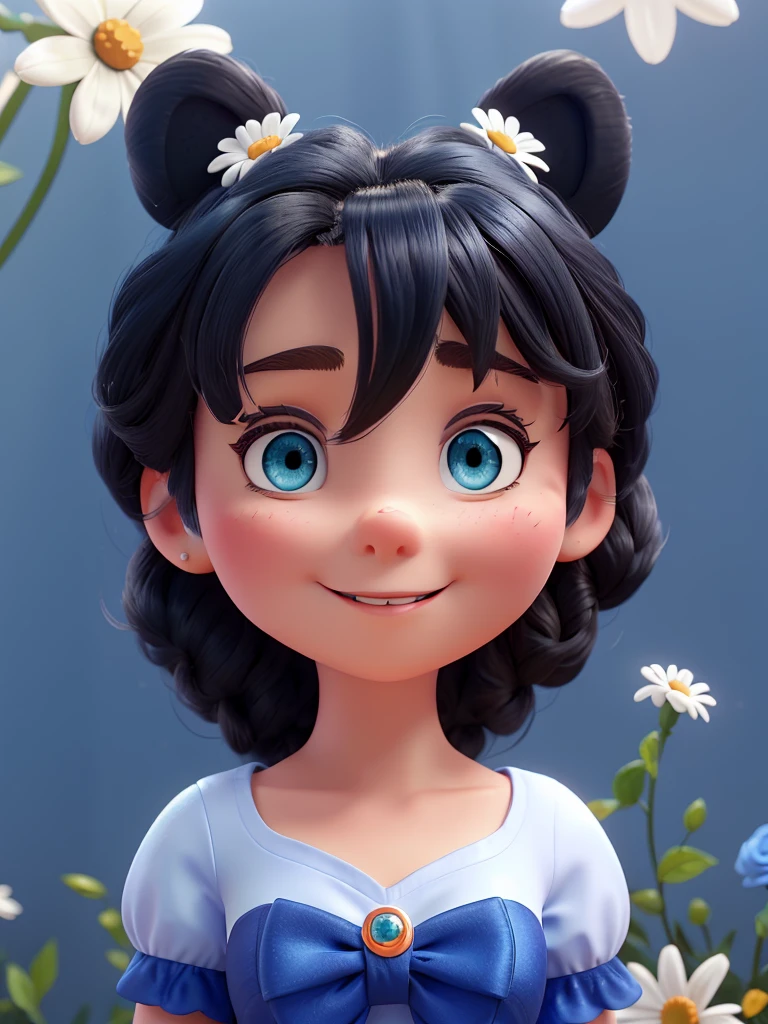 Draw Snow White in cartoon style with big blue eyes, short, wavy black hair with shine, wearing a blue dress with red details on the sleeves, a high white collar and a red bow in her hair. She must have a friendly expression, with rosy cheeks, a slight smile and small, round golden earrings. Ao redor dela, include an arrangement of colorful flowers (white daisies, roses and blue flowers) forming Mickey Mouse ears. O fundo deve ser branco, with soft, even lighting to highlight the character and floral elements."