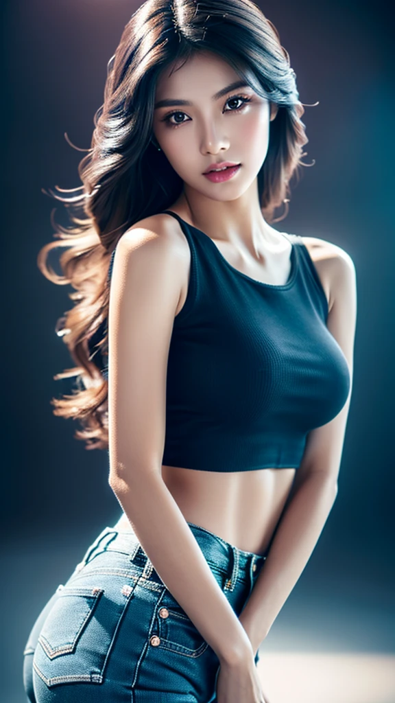 a cute young asian girl with dark skin, beautiful detailed eyes, beautiful detailed lips, extremely detailed face, long eyelashes, wearing tight blue jeans, tight black crop top, mid sized butt, high heels, looking at camera, detailed background, cinematic lighting, warm colors, photorealistic, 8k, high quality, digital art