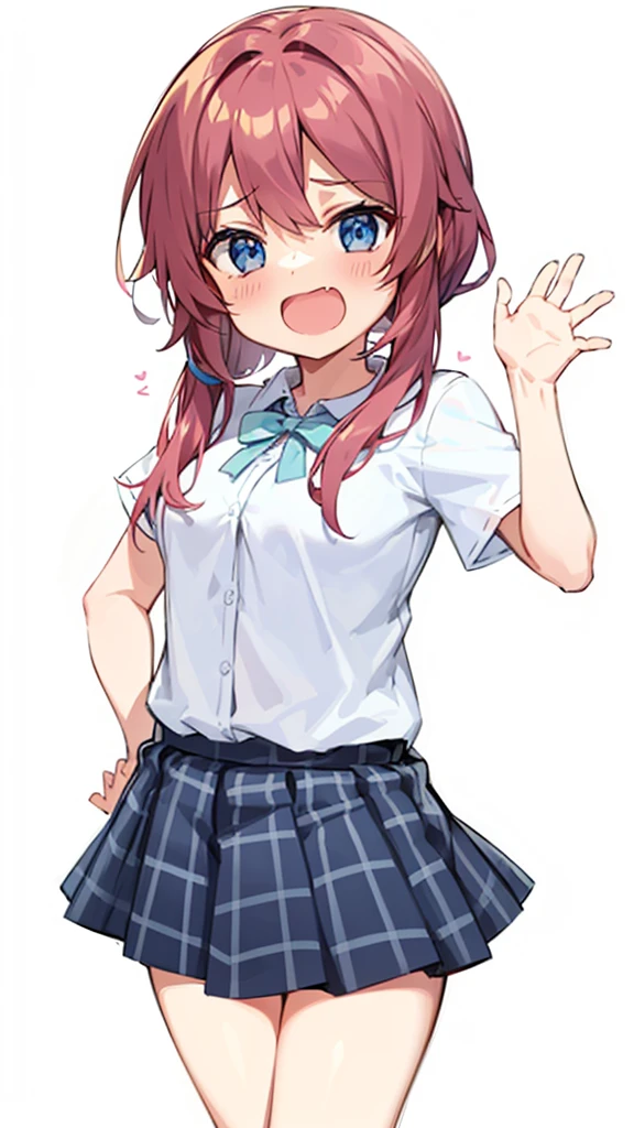 a pink haired girl let your hair reach your shoulders with blue eyes with big breasts and big butt wearing a mini skirt and tight t-shirt looking shy crouched pose with her legs apart revealing her pink underwear