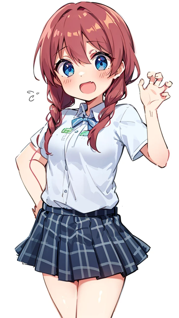 a pink haired girl let your hair reach your shoulders with blue eyes with  and big  wearing a mini skirt and tight t-shirt looking shy crouched pose with her  revealing her pink  