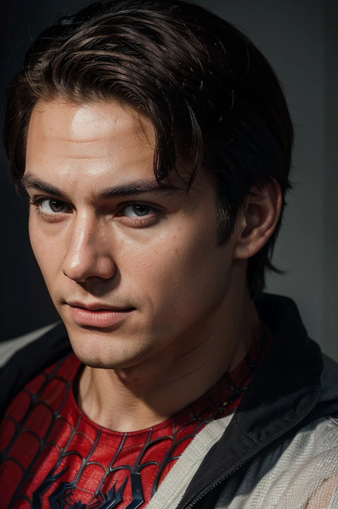 A photograph of spider man, no mask, 20 yo, handsome, detailed face, looking at camera, portrait, 8k uhd, high quality