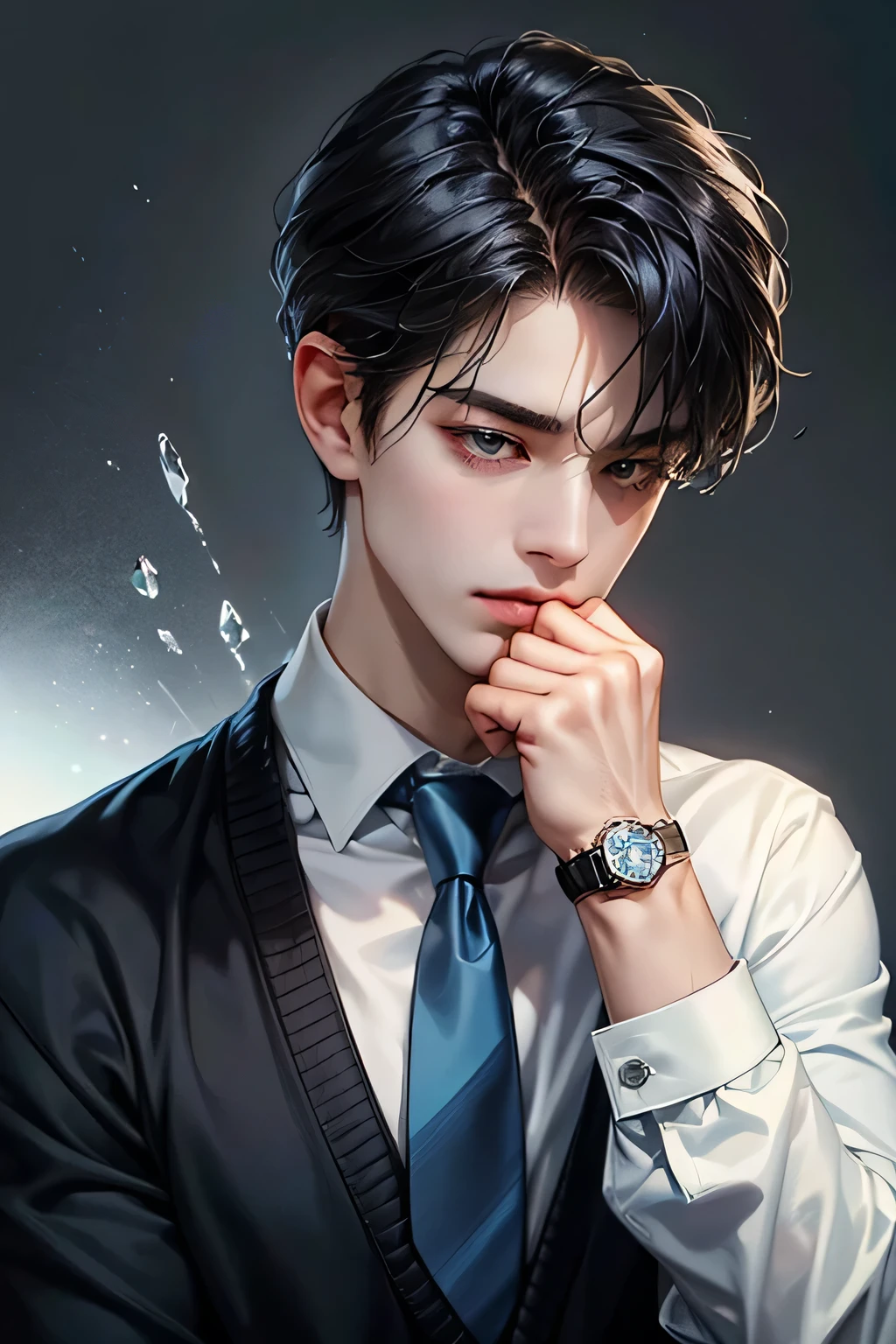 solo, 1boy, male_focus, watch, wristwatch, sweater, shirt, black_hair, collared_shirt, upper_body, realistic, necktie, long_sleeves, short_hair, blue_sweater, white_shirt, black_eyes, closed_mouth, blue_necktie