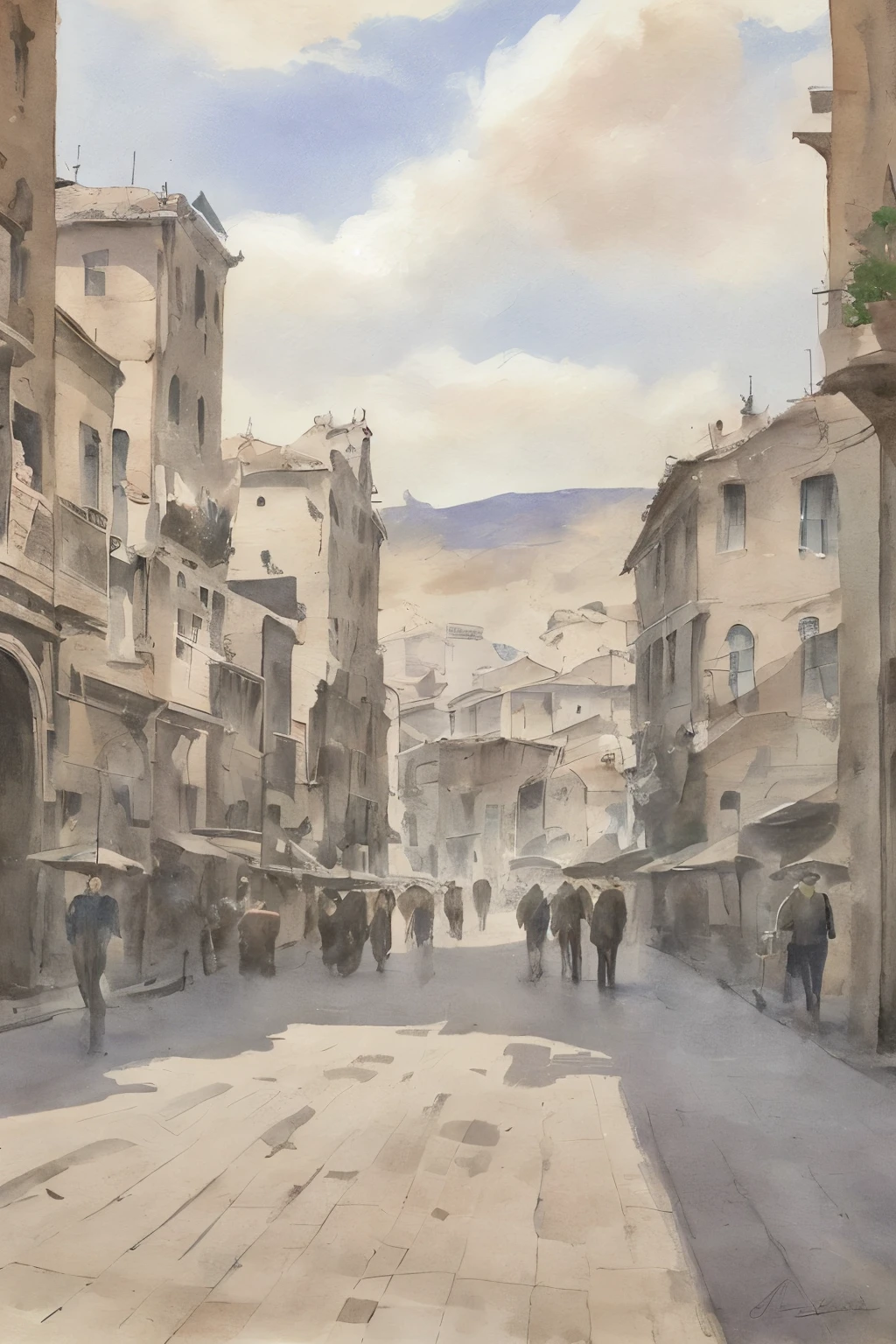 A masterpiece captured in the best quality, this photograph bewitchingly portrays a bustling, timeless townset on dirt streets lined with well-worn buildings. The intricate details of the architecture, the worn shutters, and the aged facades are hyper-detailed, showcasing every weather-beaten crack and crevice. A soft vignette frames the central scene, drawing the viewer's eye to the busy town square, where people of all ages can be seen going about their daily lives. The warm, muted colors evoke a sense of nostalgia, casting a spell that makes the viewer feel as though they have stepped back in time. This ultra high-resolution