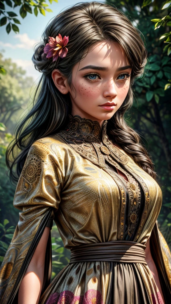 a girl playing with a cheetah, detailed face with beautiful eyes and lips, long eyelashes, beautiful girl in colorful dress, cheetah with detailed fur and spots, outdoor nature landscape with flowers and trees, (best quality,4k,8k,highres,masterpiece:1.2),ultra-detailed,(realistic,photorealistic,photo-realistic:1.37),vibrant colors,warm lighting,highly detailed,intricate background,intricate detailing,fantasy art style