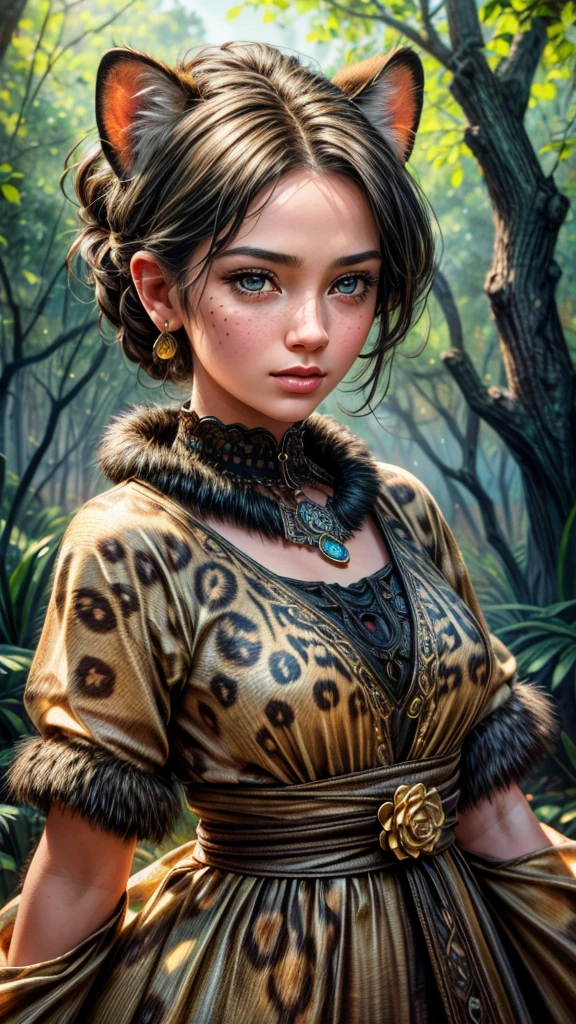 a girl playing with a cheetah, detailed face with beautiful eyes and lips, long eyelashes, beautiful girl in colorful dress, cheetah with detailed fur and spots, outdoor nature landscape with flowers and trees, (best quality,4k,8k,highres,masterpiece:1.2),ultra-detailed,(realistic,photorealistic,photo-realistic:1.37),vibrant colors,warm lighting,highly detailed,intricate background,intricate detailing,fantasy art style