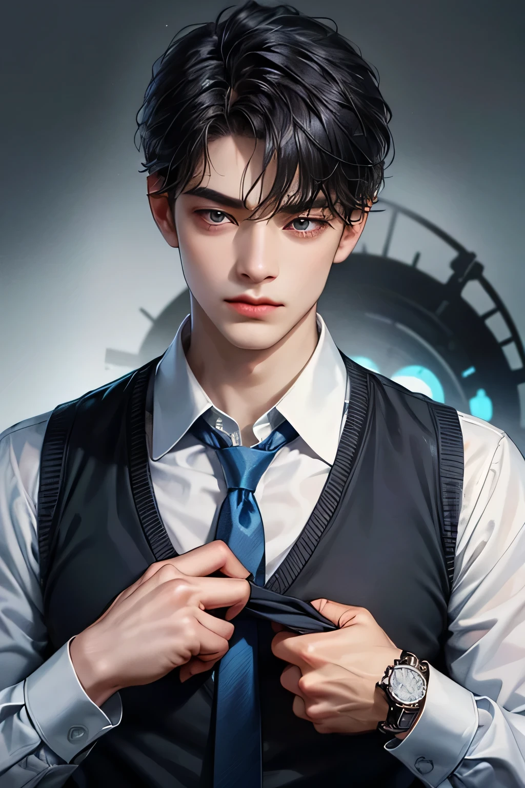 solo, 1boy, male_focus, watch, wristwatch, sweater, shirt, black_hair, collared_shirt, upper_body, realistic, necktie, long_sleeves, short_hair, blue_sweater, white_shirt, black_eyes, closed_mouth, blue_necktie