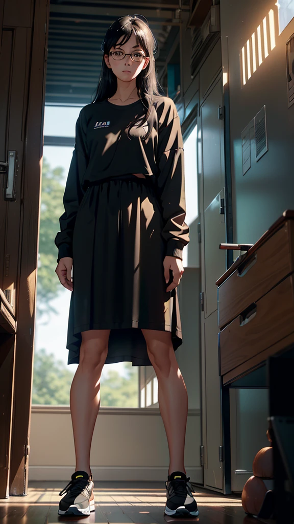 Character setting image, character sheet, whole body, entire body, full body, total body, standing, upright stance, erect posture, athletic shoes, ankle, simple background, 20-years-old beautiful female, black rim glasses, wearing white headphones, black hair, date clothes, Midsummer formal attire, civilian clothes, intellectual atmosphere, knowledge, scholarship, enthusiasm, front of whole body, immersion, concentration, sense of accomplishment, cinematic lighting, masterpiece, top quality, 4K, academic atmosphere, (masterpiece), (best quality), ultra-high res, sharp focus