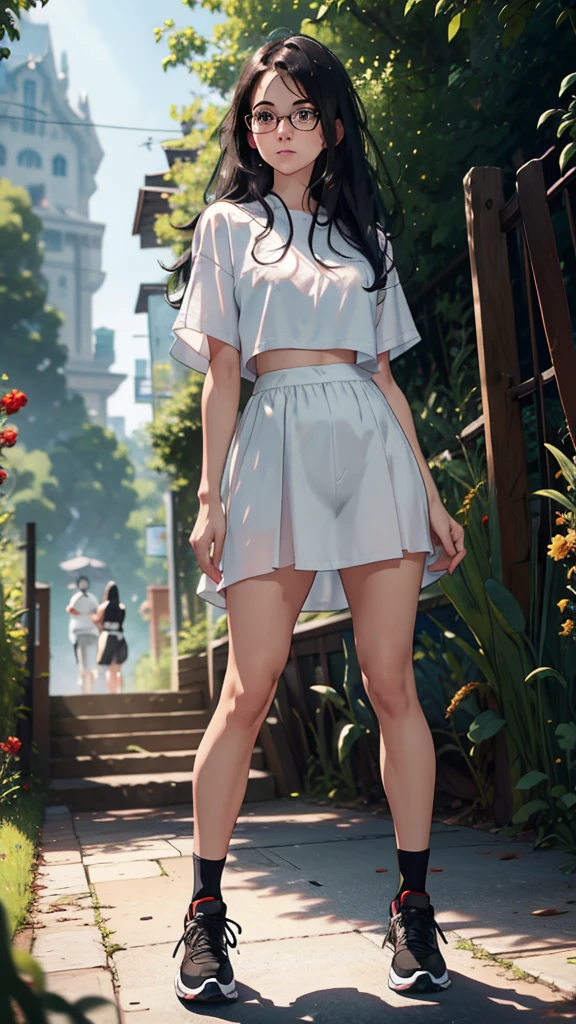 Character setting image, character sheet, whole body, entire body, full body, total body, standing, upright stance, erect posture, athletic shoes, ankle, simple background, 20-years-old beautiful female, black rim glasses, wearing white headphones, black hair, date clothes, Midsummer formal attire, civilian clothes, intellectual atmosphere, knowledge, scholarship, enthusiasm, front of whole body, immersion, concentration, sense of accomplishment, cinematic lighting, masterpiece, top quality, 4K, academic atmosphere, (masterpiece), (best quality), ultra-high res, sharp focus