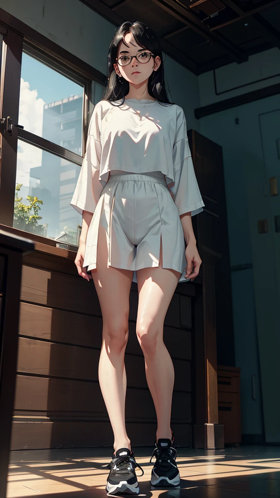 Character setting image, character sheet, whole body, entire body, full body, total body, standing, upright stance, erect posture, athletic shoes, ankle, simple background, 20-years-old beautiful female, black rim glasses, wearing white headphones, black hair, date clothes,  Midsummer formal attire, civilian clothes, intellectual atmosphere, knowledge, scholarship, enthusiasm, front of whole body, immersion, concentration, sense of accomplishment, cinematic lighting, masterpiece, top quality, 4K, academic atmosphere, (masterpiece), (best quality), ultra-high res, sharp focus