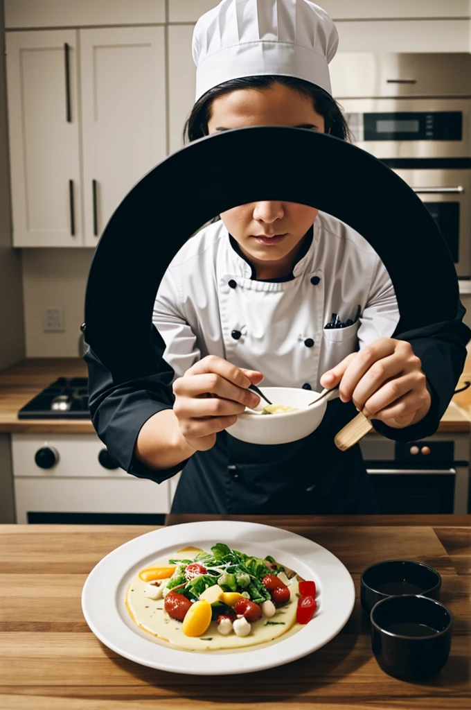 Make an image where inside a circle there is a chef's hat and behind it a spatula and a knife making an x for those two and in front of the hat and below it says Flavor Odyssey