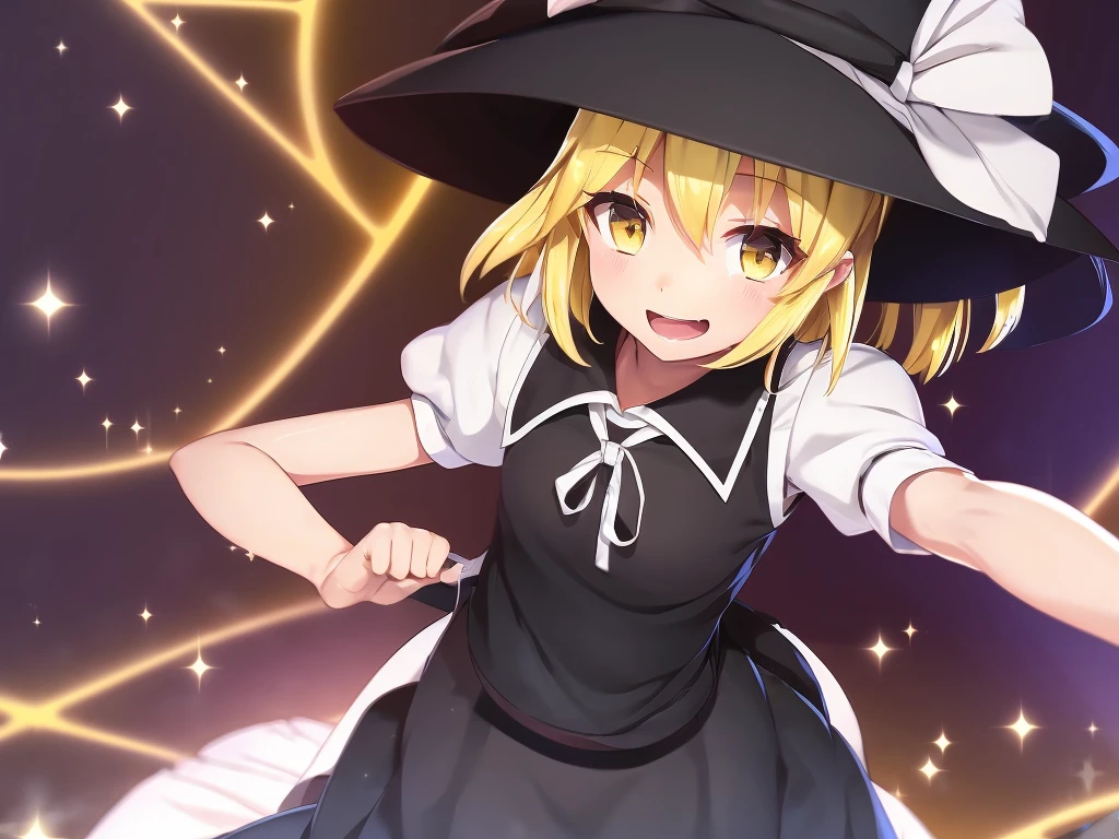1girl, , , masterpiece, best quality, 10 years old, medium blonde hair, forehead visible bags, yellow eyes, hat, heart, black headwear, puffy short sleeves, log black skirt, heart hads,,1girl, solo, yellow eyes, yellow hair, bow, hat bow, socks, black footwear, black skirt, short sleeves, yuki (touhou), black vest, white sleeves, frill skirt, light smile