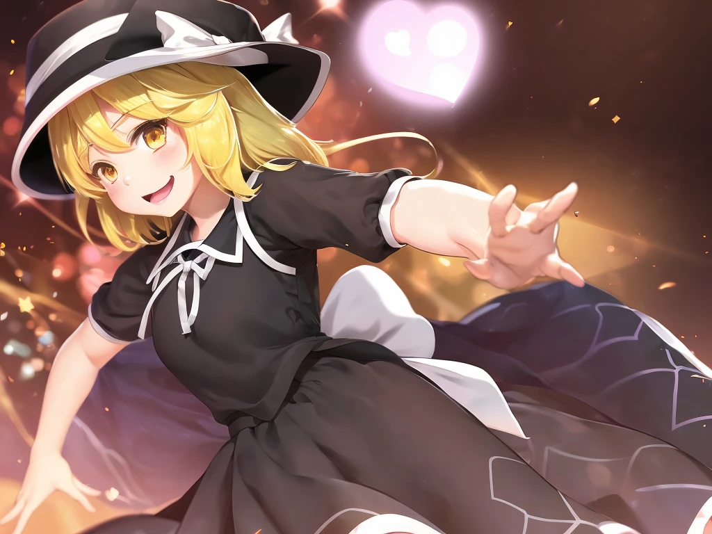 1girl, , , masterpiece, best quality, 10 years old, medium blonde hair, forehead visible bags, yellow eyes, hat, heart, black headwear, puffy short sleeves, log black skirt, heart hads,,1girl, solo, yellow eyes, yellow hair, bow, hat bow, socks, black footwear, black skirt, short sleeves, yuki (touhou), black vest, white sleeves, frill skirt, light smile