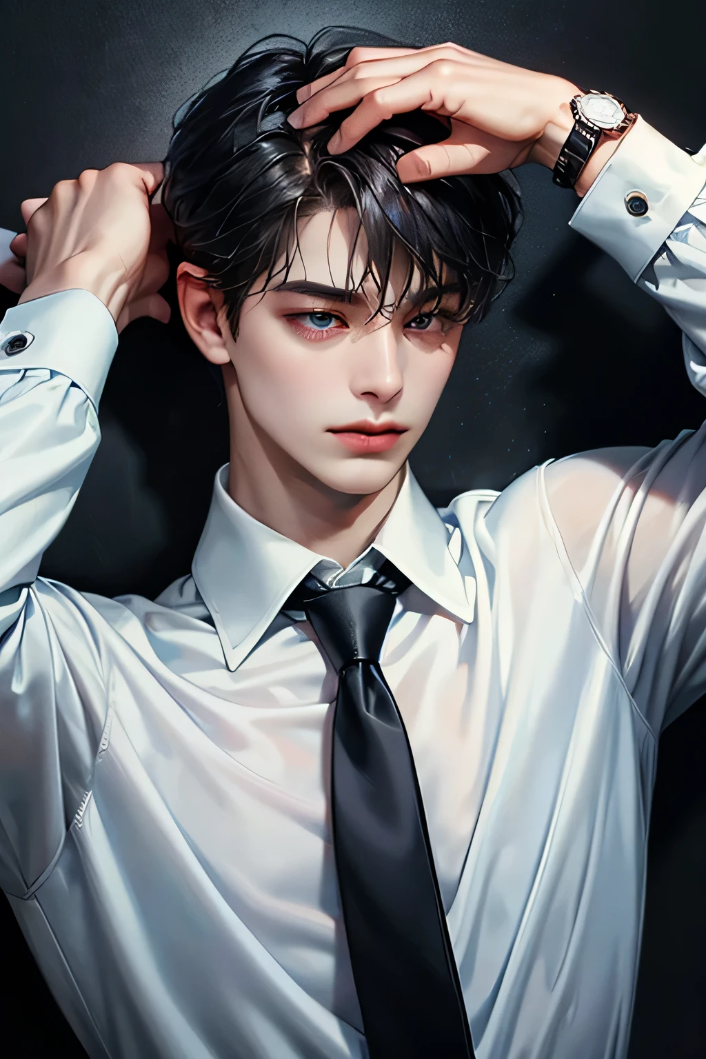 solo, 1boy, male_focus, watch, wristwatch, sweater, shirt, black_hair, collared_shirt, upper_body, realistic, necktie, long_sleeves, short_hair, blue_sweater, white_shirt, black_eyes, closed_mouth, blue_necktie