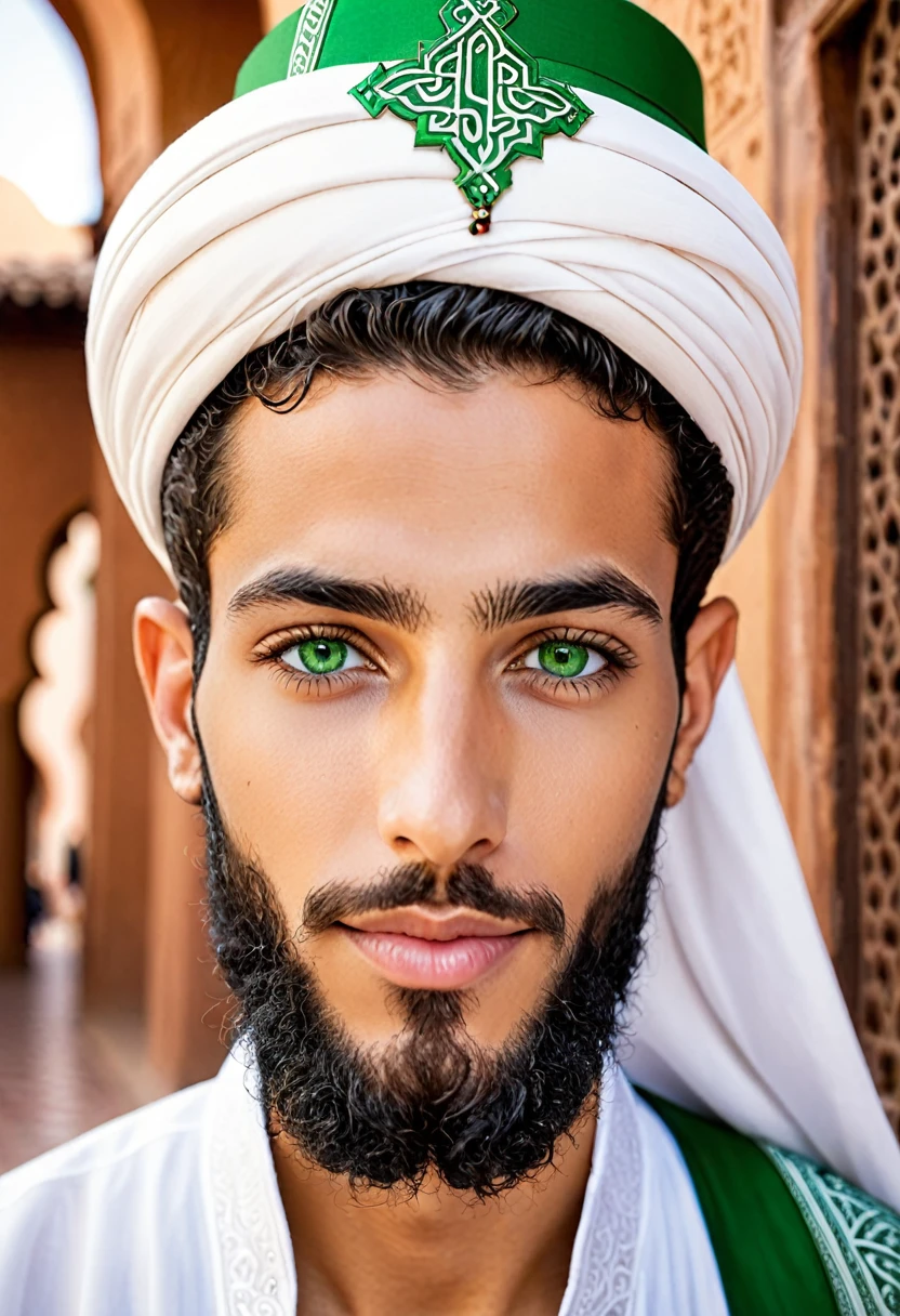 A handsome young man of 25 years old must be Moroccan imam with a nice beard green eyes handsome face he must be Moroccan the face is a little light