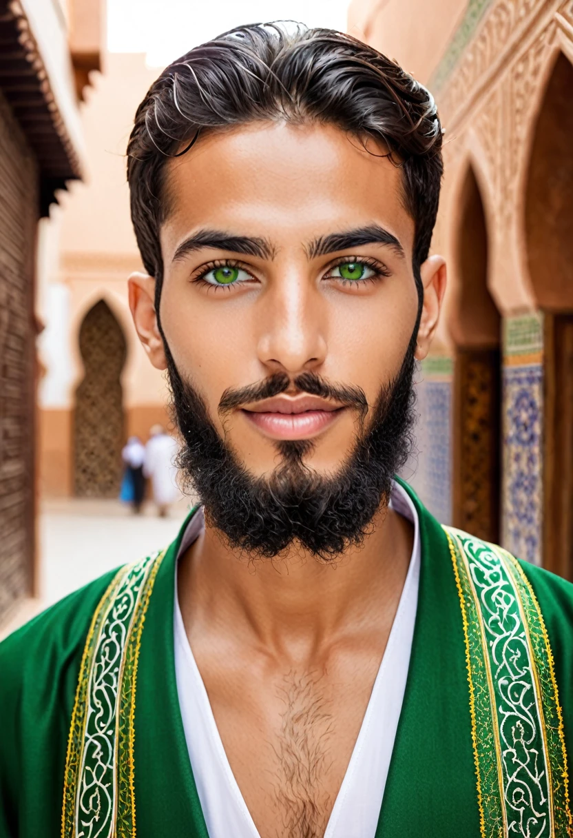 A handsome young man of 25 years old must be Moroccan imam with a nice beard green eyes handsome face he must be Moroccan the face is a little light