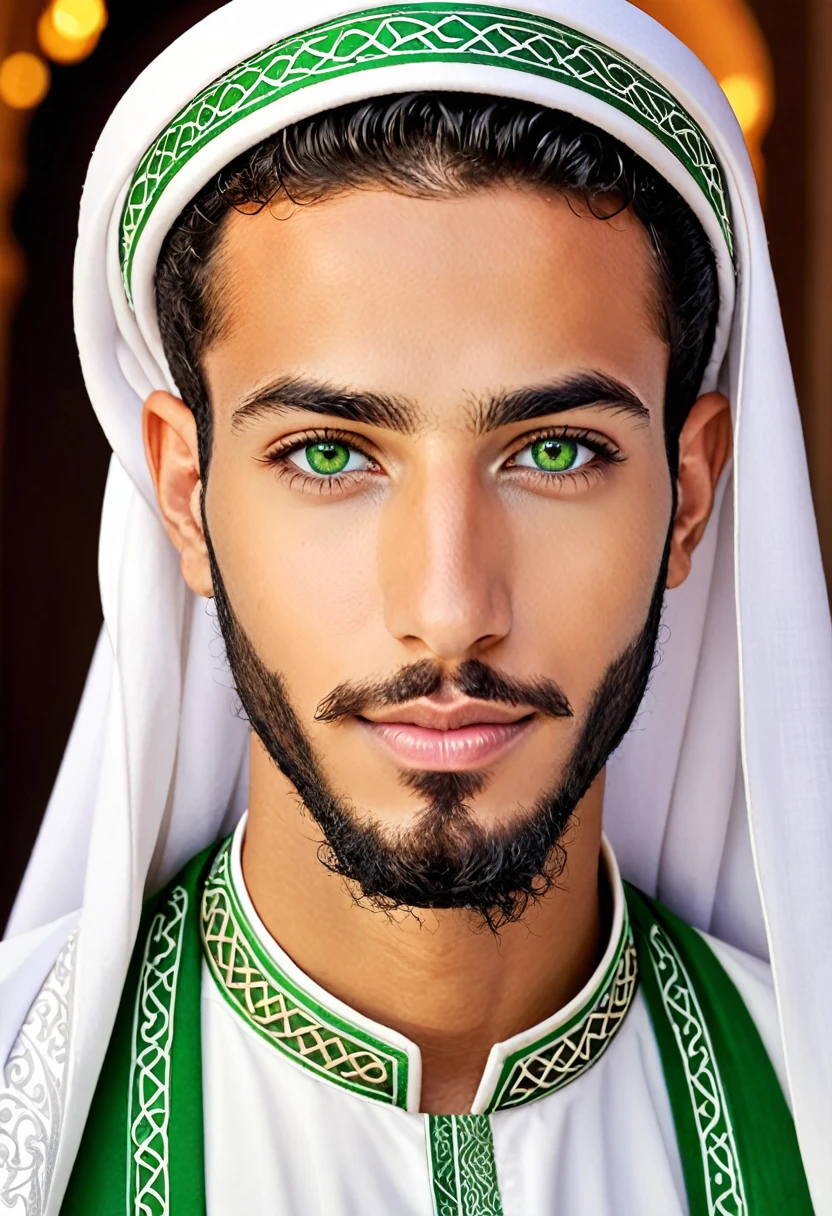 A handsome young man of 25 years old must be Moroccan imam with a nice beard green eyes handsome face he must be Moroccan the face is a little light