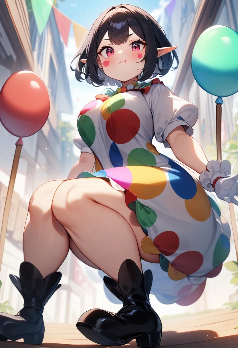 1girl, black elf shoes, white clown clothes with pink spots, pink cheeks, clown makeup, short sleeves, white gloves, natural breasts, chubby cheeks, black hair, short hair, masterpiece quality, ultra HD, 4K, best quality,